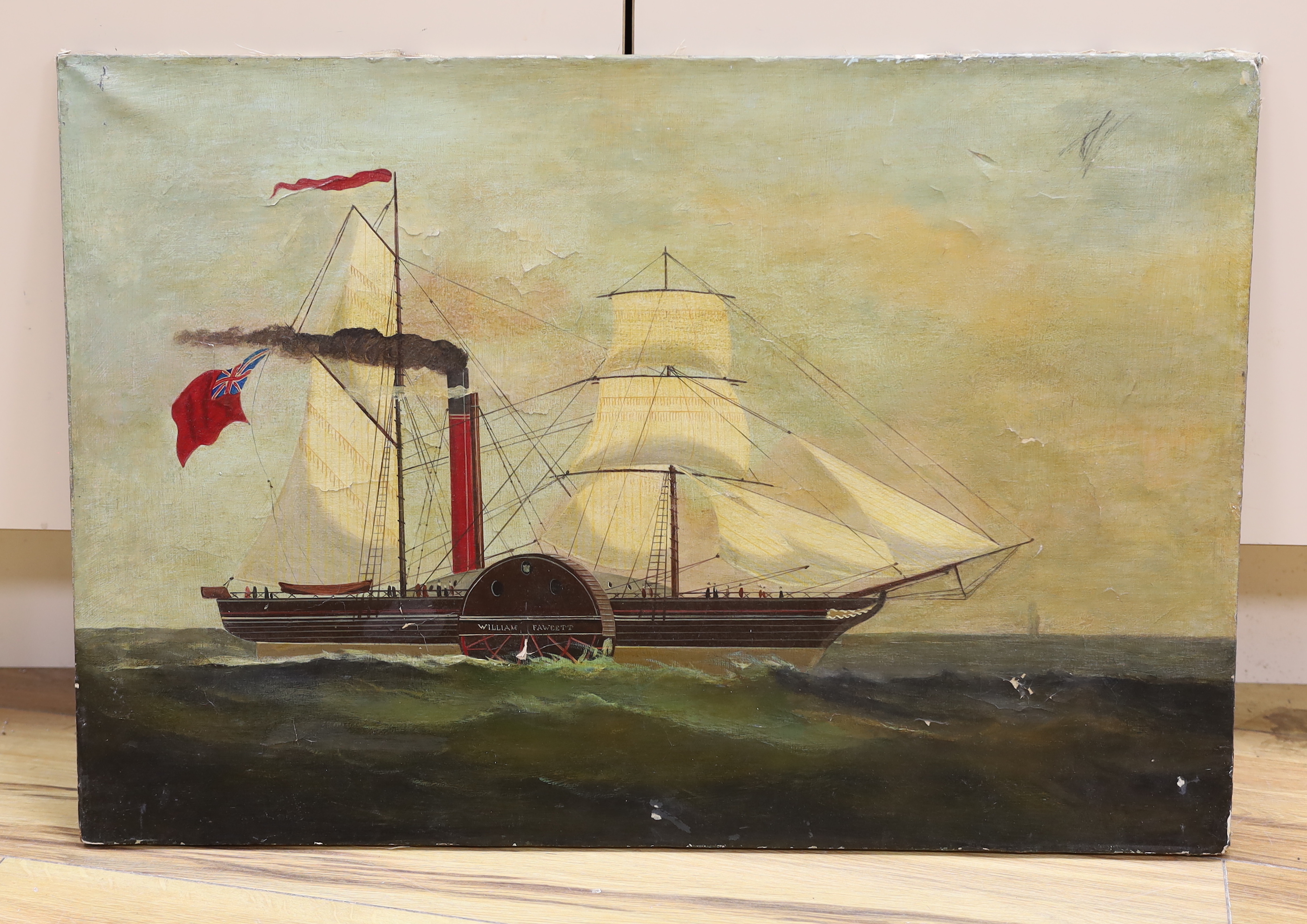 19th century English school, maritime interest oil on canvas, Paddlesteamer, William Fawcett, 46 x 67cm, unframed